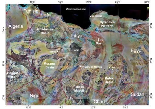 Fig. 1 Landsat image showing Libya and surrounding areas (Source: http://zulu.ssc.nasa.gov/mrsid)